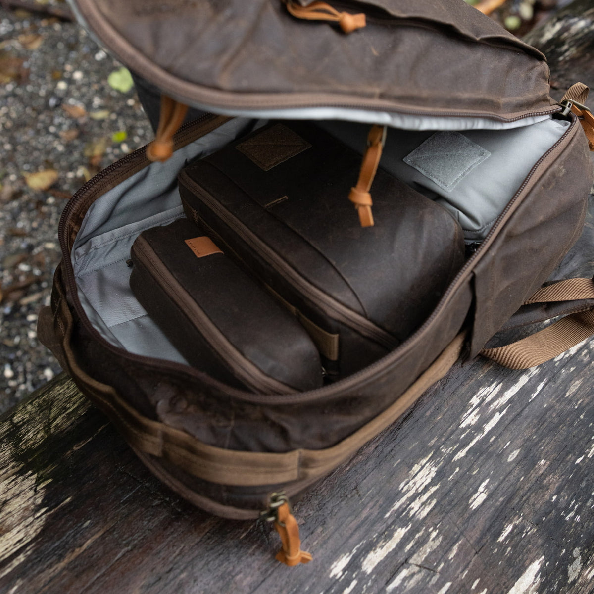 CIVIC Access Pouch 0.5L Waxed Canvas Tan inside backpack