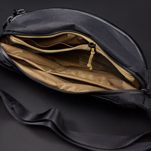 CIVIC Access Sling 2L in X-Pac Black and Coyote Brown - internal zipper pocket with laminated dividers