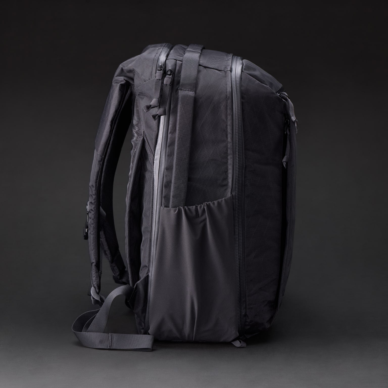 CIVIC Travel Bag 26L - X-Pac - Black and Coyote Brown - Side View Water Bottle Pockets CIVIC Travel Bag 26L - X-Pac - Black and Coyote Brown - Side View Water Bottle Pockets [13012cx-BXC