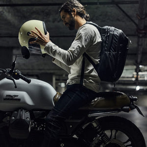 CIVIC Travel Bag 20L in Solution Dyed Black - worn on motorcycle
