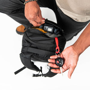 Mountain Panel Loader 22L in Solution Dyed Black, Top Brain Pocket and Key Leash