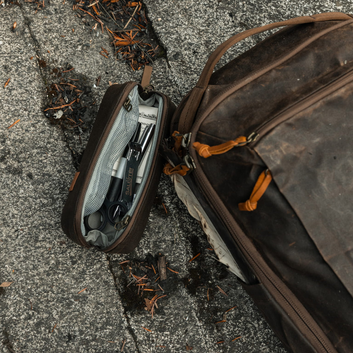 CIVIC Access Pouch 0.5L Waxed Canvas Tan Packed and Open