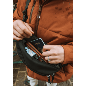 CIVIC Access Sling 2L in Solution Dyed Black - passport and phone hidden