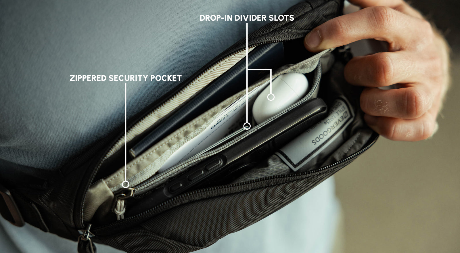 CIVIC Access Sling 1L Security and Drop in Pockets with airpods and cards