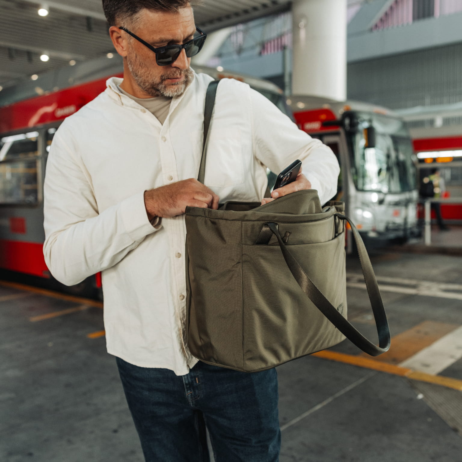 CIVIC Daily Tote 24L in OD Green - CDT24 - shoulder carry, quick access main opening - model height 6'2" - 188cm [13024a-ODG]