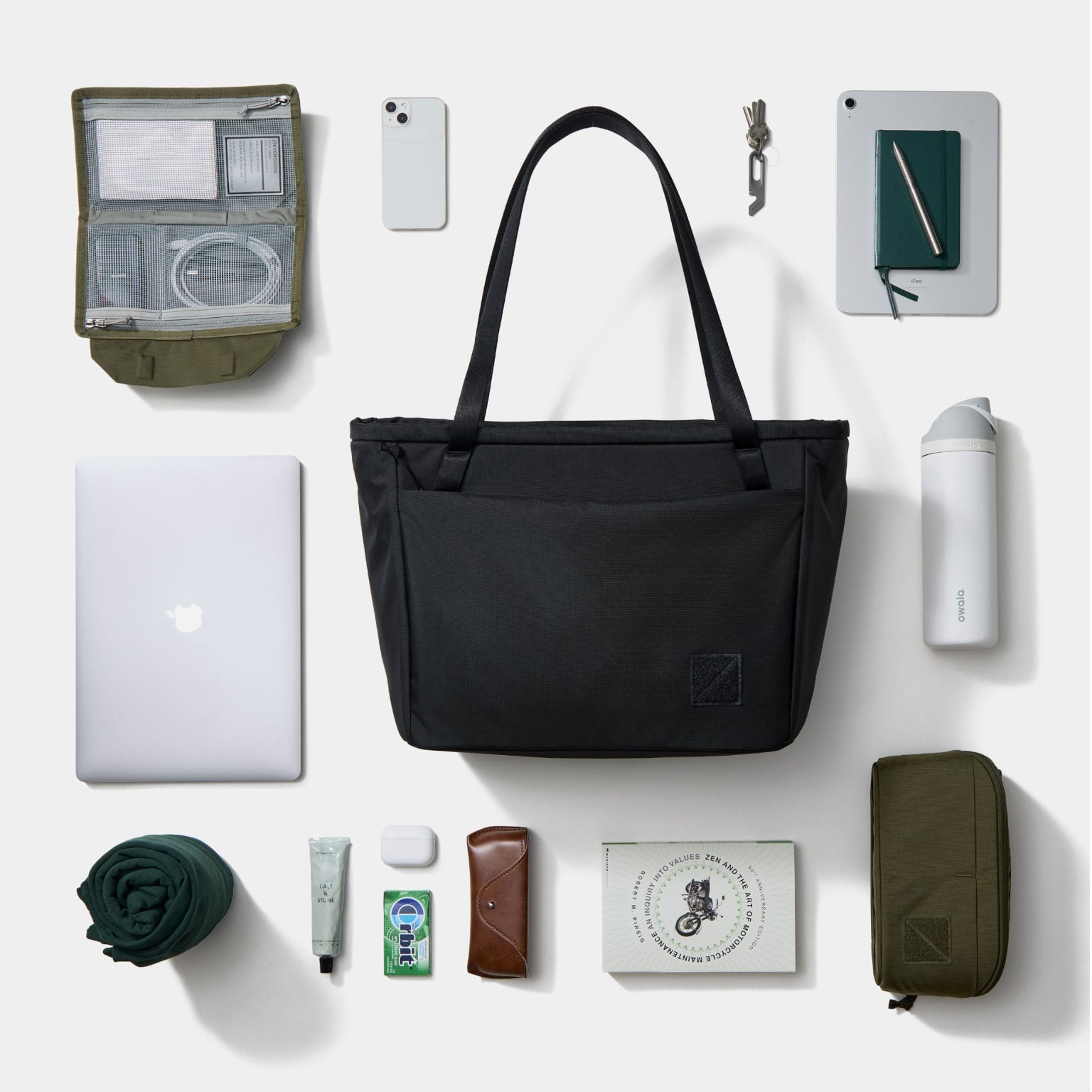 CIVIC Daily Tote 24L in Solution Dyed Black - CDT24 - grid laydown of everyday gear [13024a-SBK]