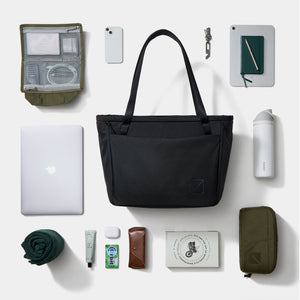 CIVIC Daily Tote 24L in Solution Dyed Black - CDT24 - grid laydown of everyday gear
