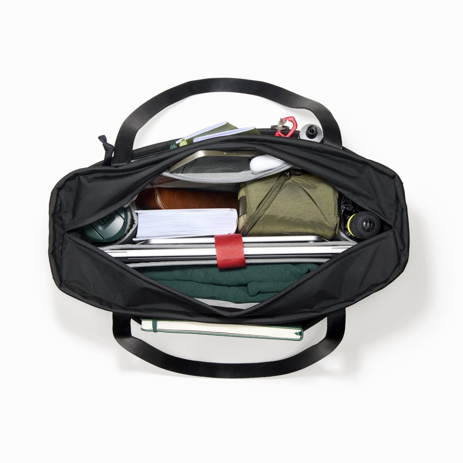 CIVIC Daily Tote 24L in Solution Dyed Black - CDT24 - main closure open, packed with gear for everyday [13024a-SBK]