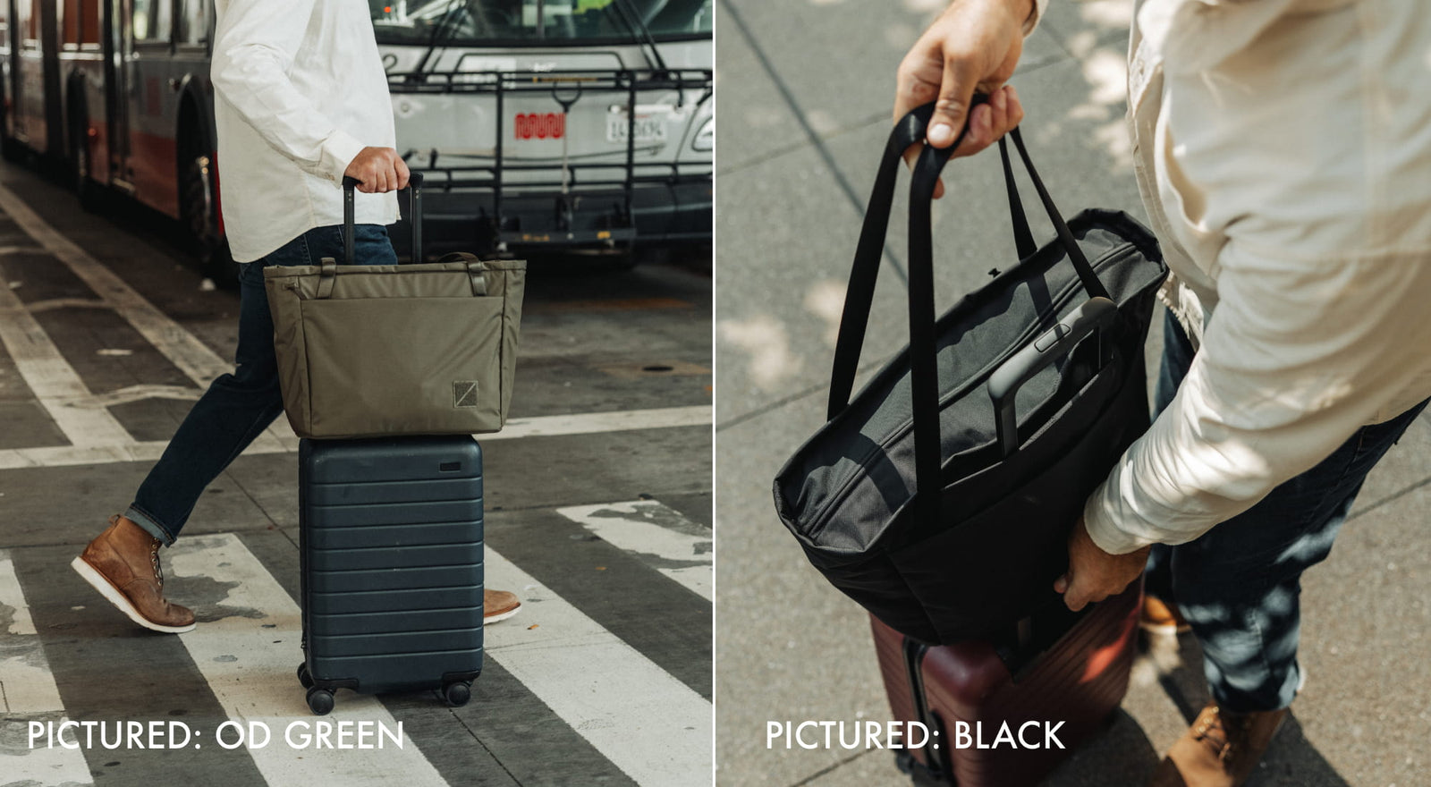 CIVIC Daily Tote 24L being used with a luggage pass through and roller suitcase