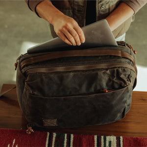 CIVIC Panel Loader 16L in waxed tan - laptop sleeve compartment
