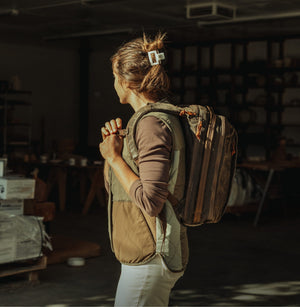Person wearing CIVIC Panel Loader 16L, side view in a garage model height 5'7" 170cm [13016cc-WTN]