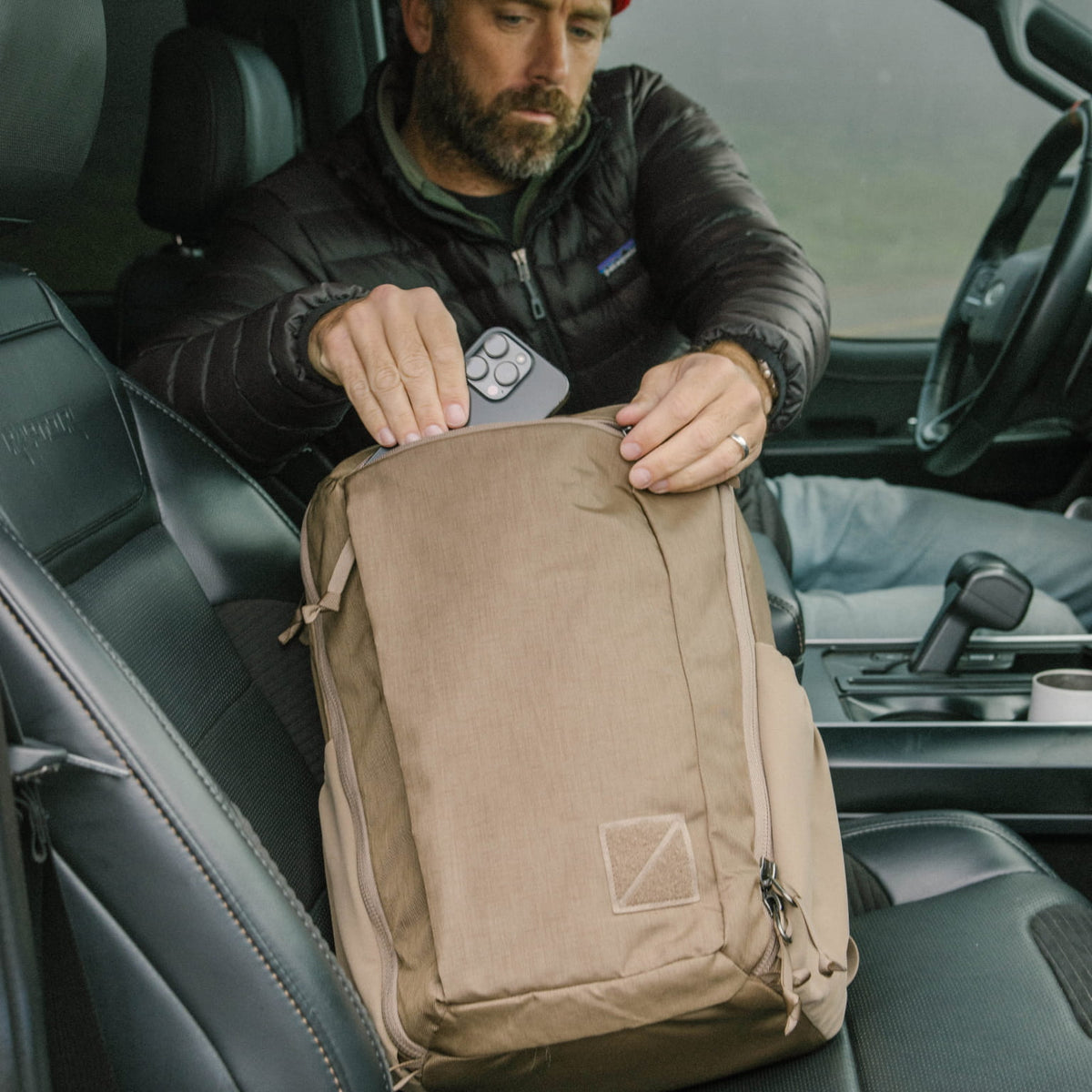 CIVIC Travel Bag 20L in Fossil Brown - front dump pocket quick access