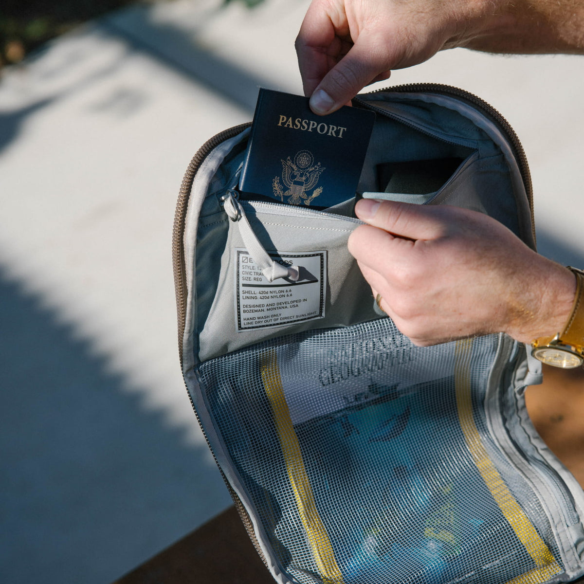 CIVIC Travel Bag 20L in Fossil Brown - Internal security pocket with passport