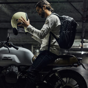 CIVIC Travel Bag 20L in Solution Dyed Black - worn on motorcycle