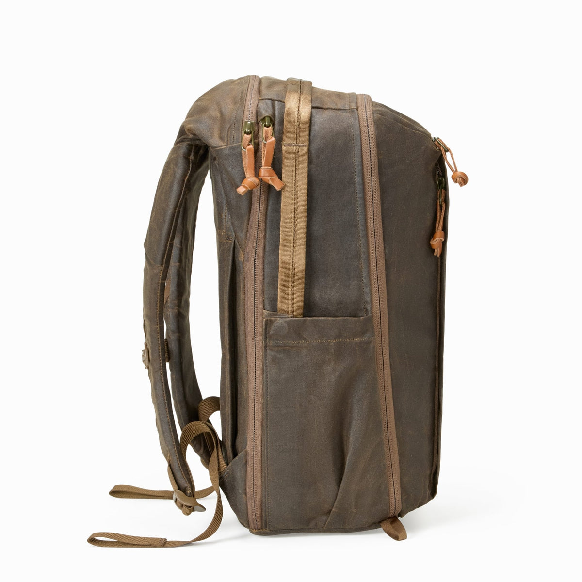 cognac leather canvas caravan backpack Vintage Wax Full Grain a zippered back pocket for valuables Leather and Waxed Canvas Bushcraft