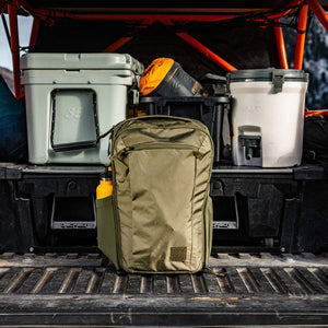 CIVIC Travel Bag 26L in OD Green - back of truckbed for roadtrip