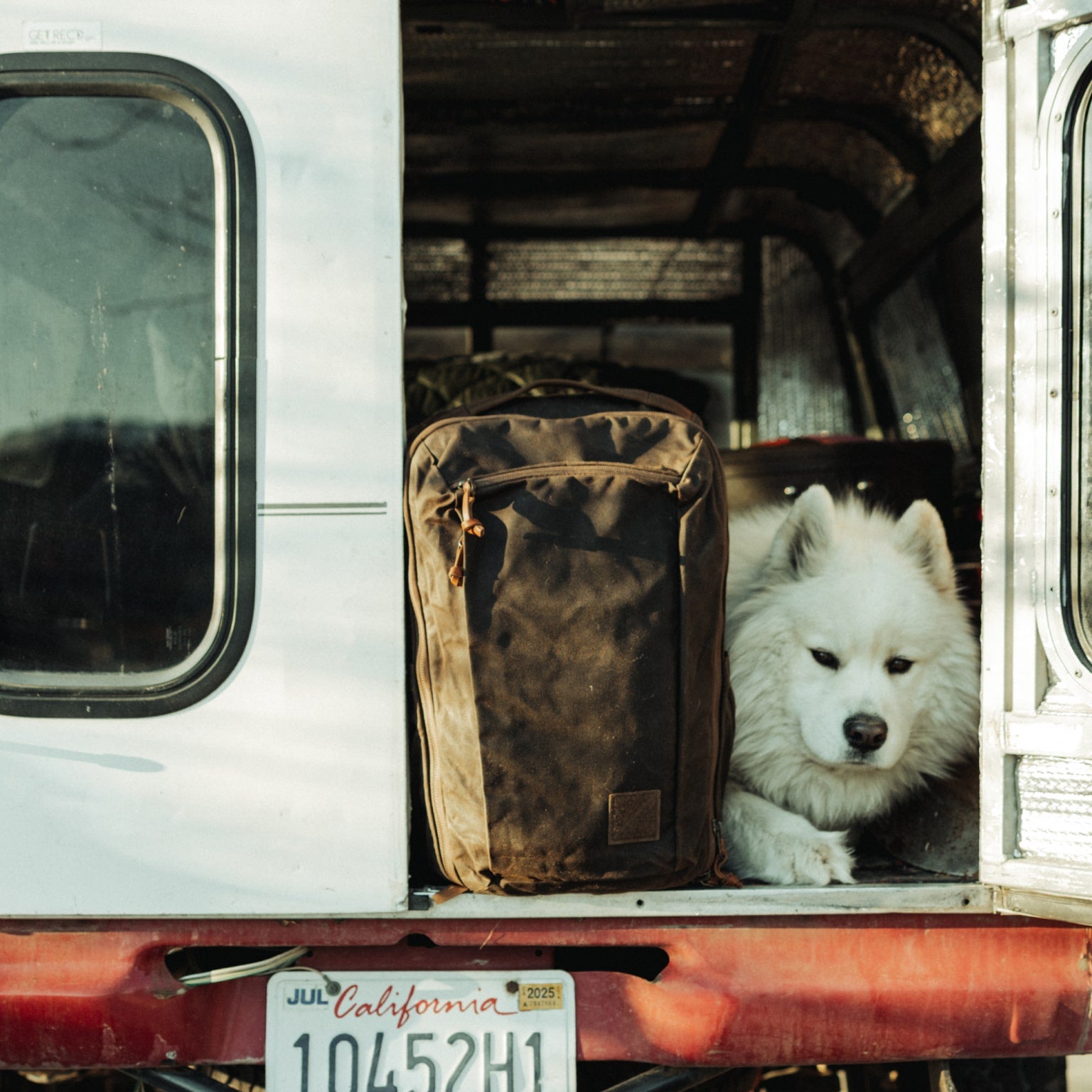 CIVIC Travel Bag 26L in Waxed Canvas - Waxed Tan - back of truck with dog [13012cc-WTN]