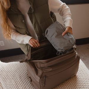 Transit Duffel 25L in Fossil Brown - top opening for easy packing with Transit Packing Cube 4L