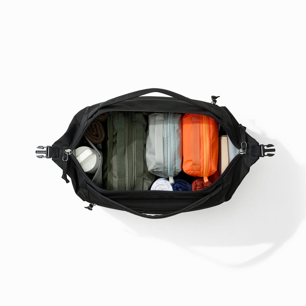 Transit Duffel 25L in Solution Dyed Black - wide opening