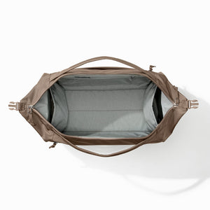 Transit Duffel 35L in Fossil Brown open and unpacked