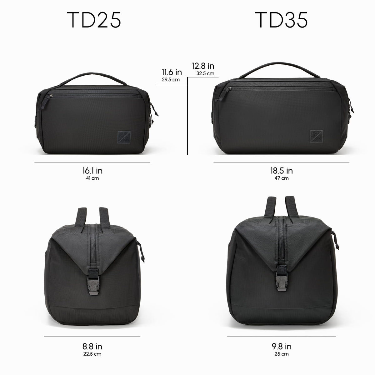Transit Duffel in Solution Dyed Black - size comparison between 25 and 35L