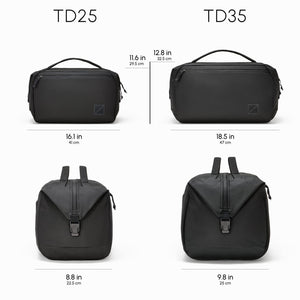 Transit Duffel in Solution Dyed Black - size comparison between 25 and 35L