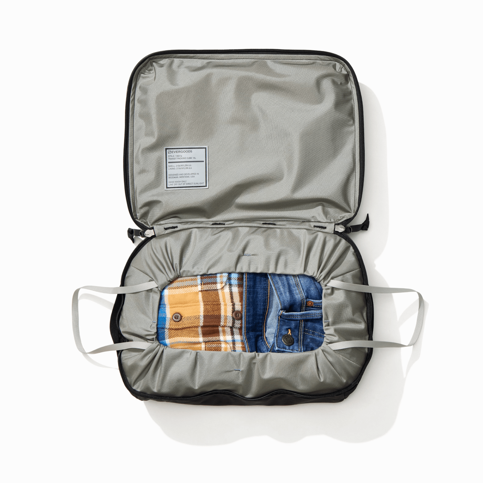 Transit Packing Cube 10L in Black - open and packed [13021a-BLK]
