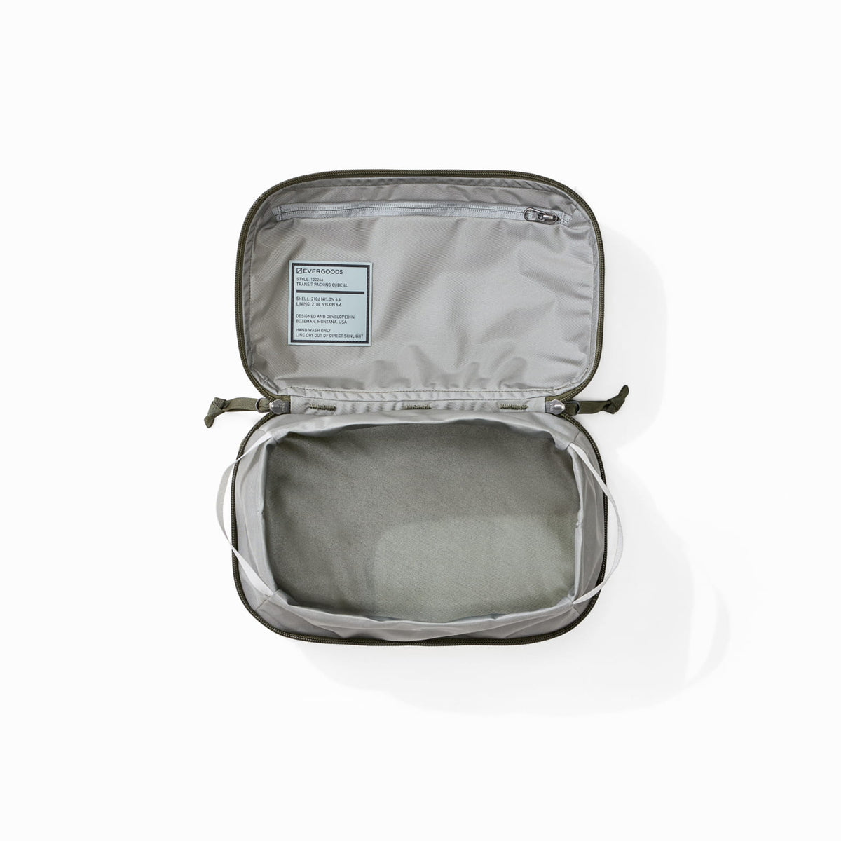 Transit Packing Cube 4L in OD Green - open and unpacked