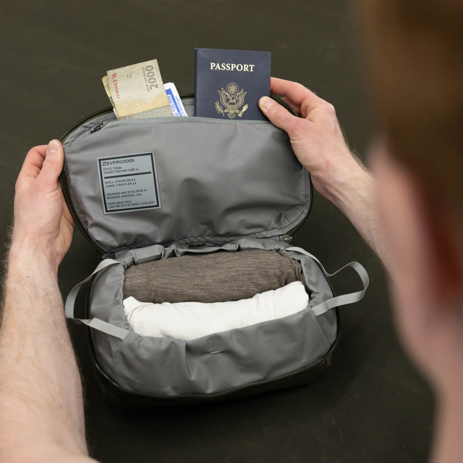 Transit Packing Cube 4L in OD Green - packed out and ready for travel [13026a-ODG]