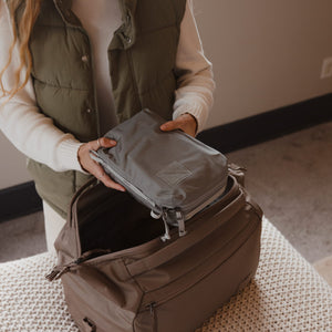 Transit Packing Cube 4L in Standard Gray - packed into transit duffel fossil brown